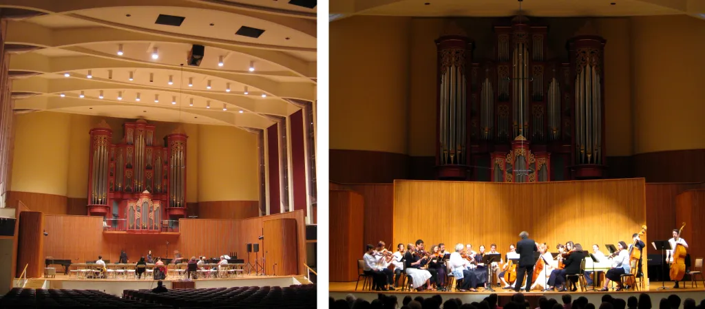 Oberlin's Warner Concert Hall with and without the retracting acoustic wall.