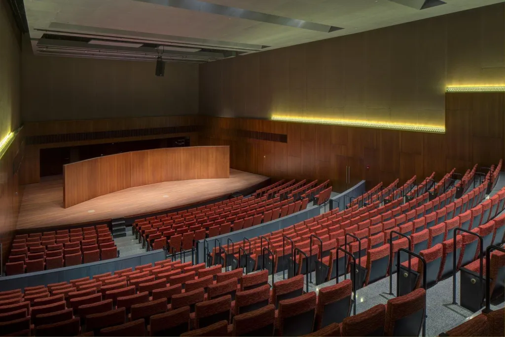 Logan Center for the Arts stage with acoustic shell pushed forward