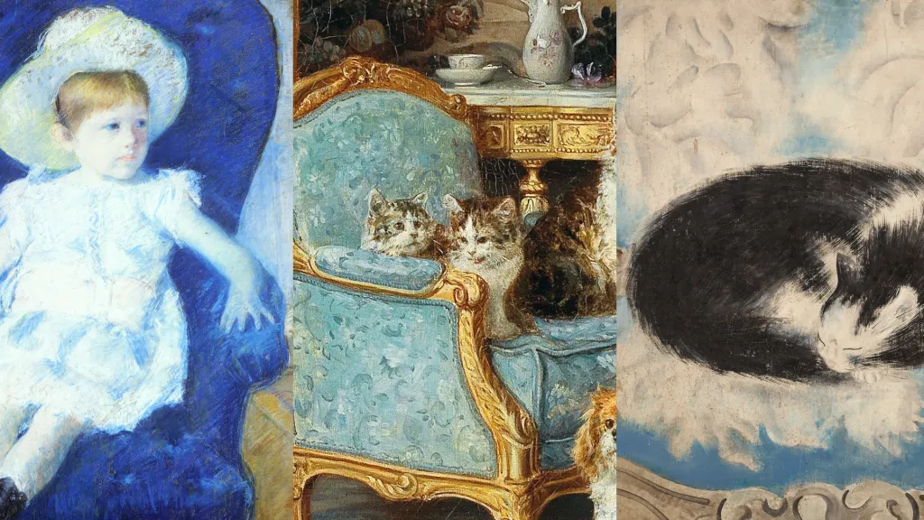 3 paintings of blue chairs